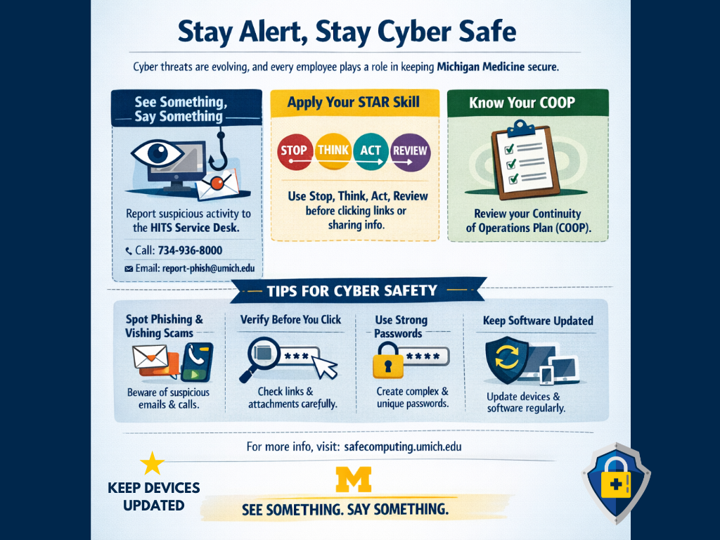 Stay Alert, Stay Cyber Safe infographic highlighting steps to take to stay safe. 